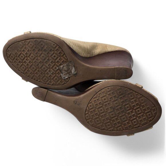 Tory Burch Amanda Wedge Heels Women's Lizard Skin Pattern Open Toe Coin Top 8.5 - Picture 8 of 11